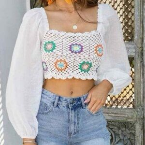 Aerie White Crochet Floral Peasant Crop Top